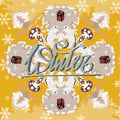 Beige winter pattern card with floral pattern and inscription `Winter`.